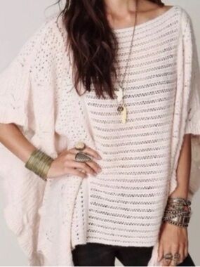 Free People Nymph Pointelle Poncho Sweater Oversized Pink Short Sleeves Wool